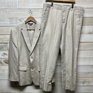 Perry Ellis 2 Piece Suit Set Men 44R 36x30 Beige Linen Blend Flat Straight Pants